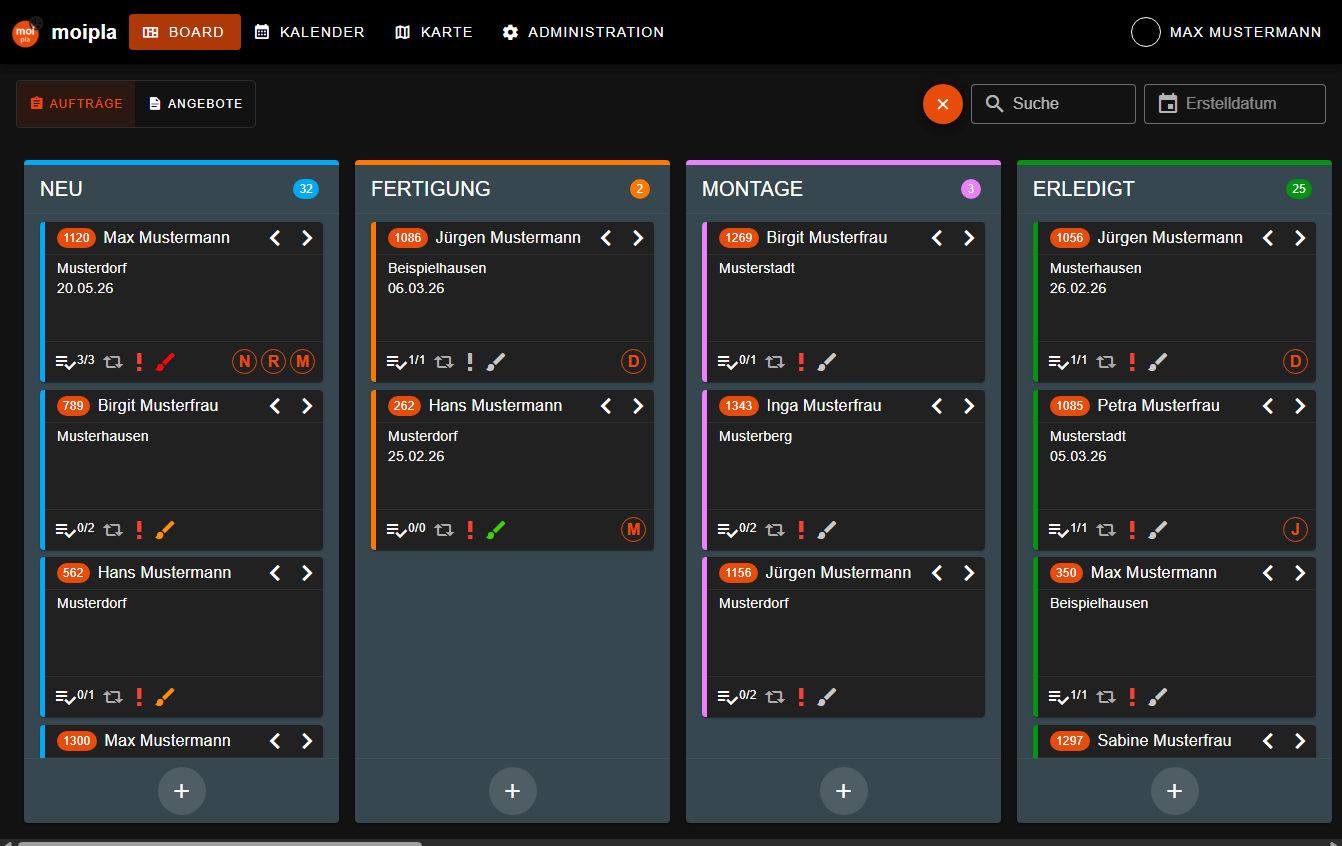 moipla Auftragsboard — Kanban mit den Spalten Neu, Fertigung, Montage und Erledigt