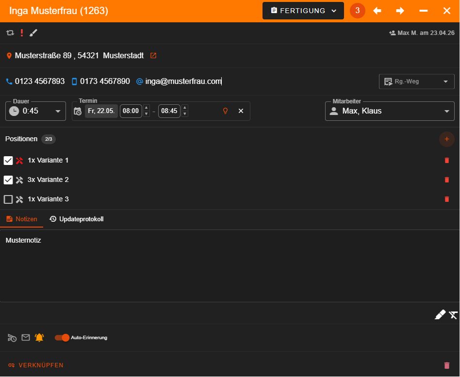 moipla Auftragsdetail — Adresse, Termin, Positionen und Notizen in einer gemeinsamen Akte